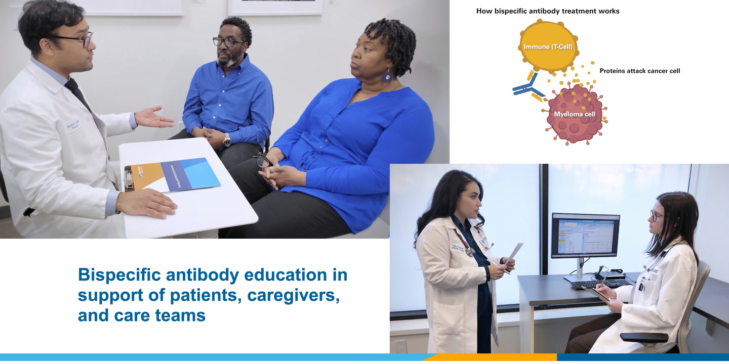 Bispecific antibody education in support of patients, caregivers, and care teams, with clinicians, patient education, and a diagram showing how treatment works.